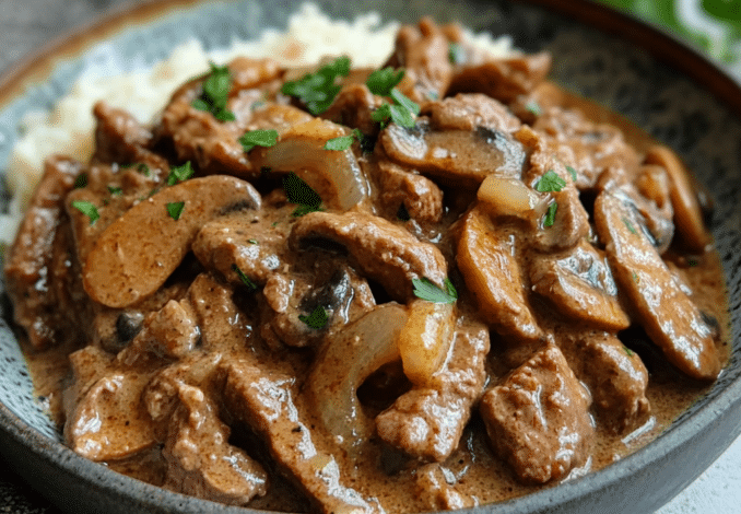 Un plato con Strogonoff de Carne, si deseas una receta diferente para tus almuerzos, receta de Chef Goya.