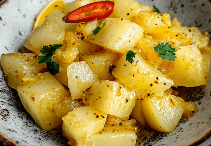 Un plato con yuca al ajillo, si deseas una receta perfecta para mejorar tu yuca, receta de Chef Goya.