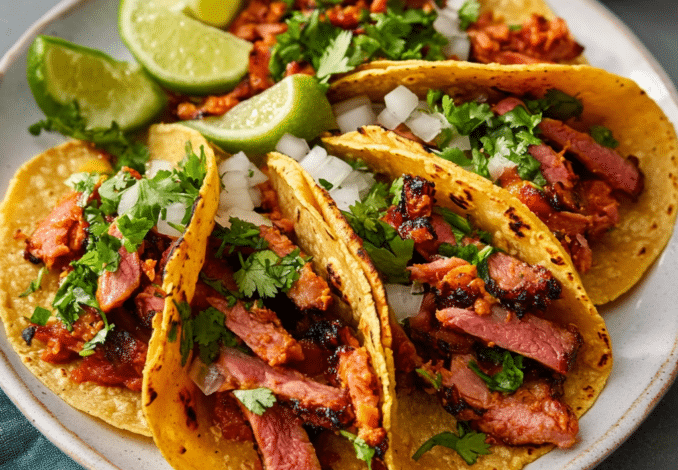 Un plato con tacos al pastor, si deseas una receta mexicana deliciosa, receta de Chef Goya.