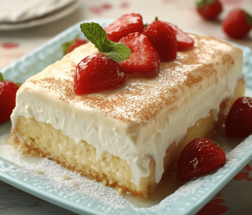 Un plato con un postre de tres leches, si deseas un postre delicioso, receta de Chef Goya.