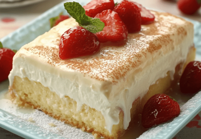 Un plato con un postre de tres leches, si deseas un postre delicioso, receta de Chef Goya.