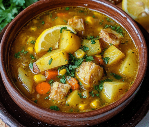 Un plato con Sopa de Mondongo, si deseas una receta deliciosa y llena de vitamina, receta de Chef Goya.