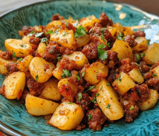 Un plato con papas con chorizo, si deseas una receta facil de hacer, receta de Chef Goya.