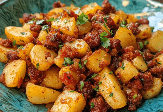 Un plato con papas con chorizo, si deseas una receta facil de hacer, receta de Chef Goya.