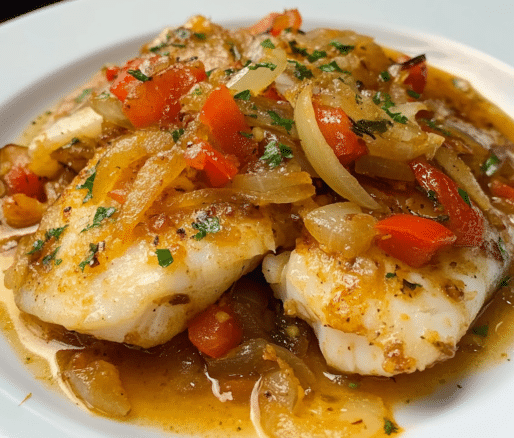 Un plato con pescado encebollado, si deseas una receta saludable y facil de hacer, receta de Chef Goya.