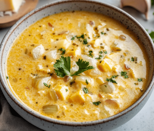 Un plato con sopa de queso, si deseas una receta diferente y rica, receta de Chef Goya.