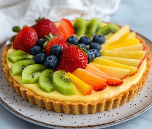 Un plato con tarta de frutas, si deseas un postre diferente para tus invitados, receta de Chef Goya.