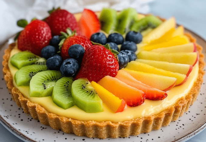 Un plato con tarta de frutas, si deseas un postre diferente para tus invitados, receta de Chef Goya.