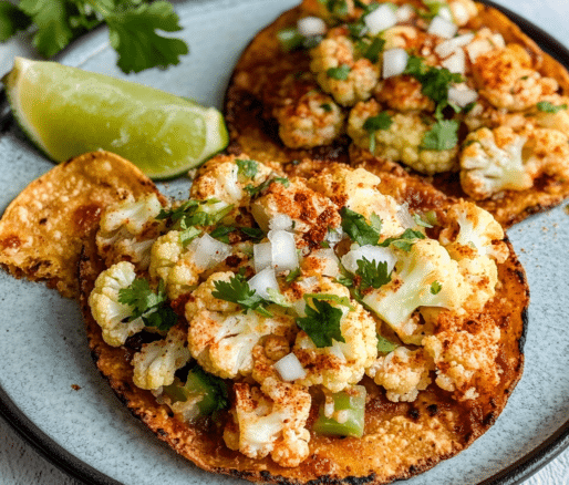 Un plato con tostadas de coliflor, si deseas una receta saludable, receta de Chef Goya.