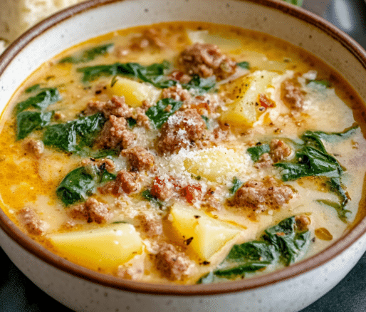 Un plato con zuppa toscana, si deseas una sopa diferente y saludable, receta de Chef Goya.