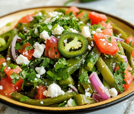 Un plato con ensalada de nopales, si deseas una receta diferente y con un sabor tipico mexicano, receta de Chef Goya.