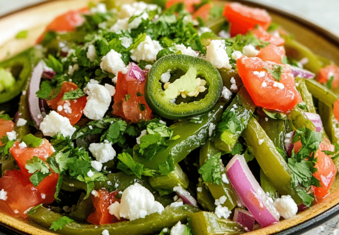 Un plato con ensalada de nopales, si deseas una receta diferente y con un sabor tipico mexicano, receta de Chef Goya.
