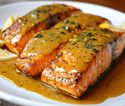 Un plato con salmon de mostaza, si deseas una receta diferente para probar en casa, receta de Chef Goya.